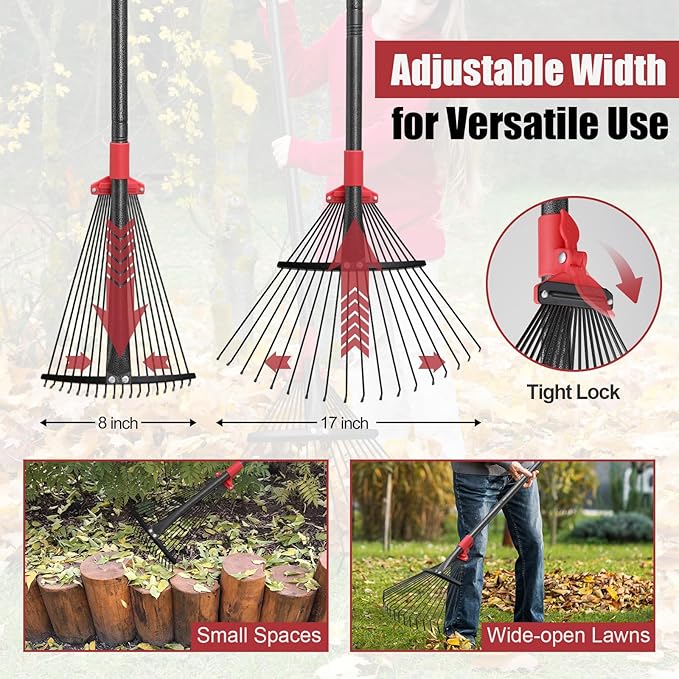 Garden Rake for Leaves: 55 Inch Adjustable Long Handle 18 Metal Tines with 8-17" Expandable Head Heavy Duty Metal Rake for Lawns Leaves Yard Grass Camping Debris