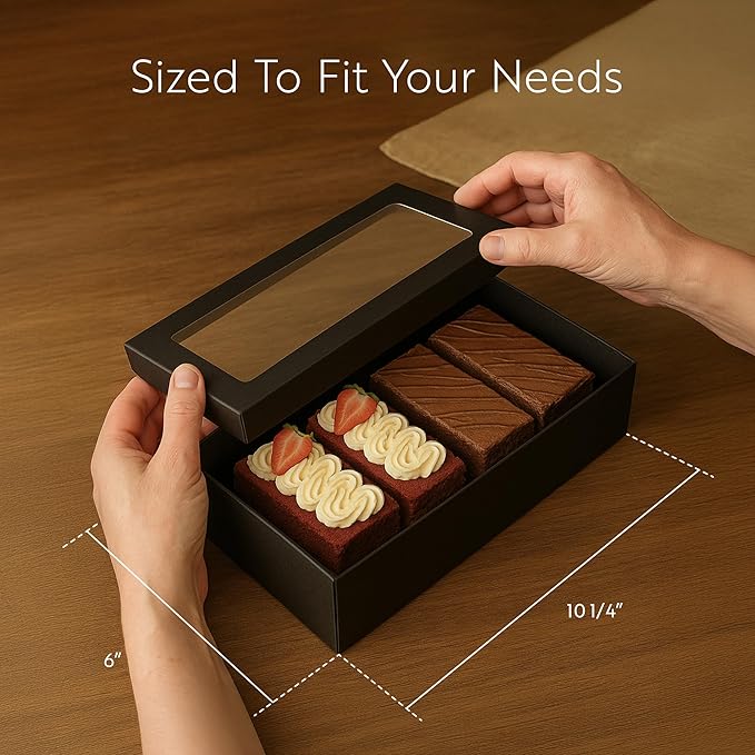 Restaurantware Cater Tek 10.2 x 6.1 x 3.2 Inch Baked Goods Boxes 10 Greaseproof Pastry Boxes - Window Lids Insert Tab Lock Black Paper Catering Boxes Easy Assembly For Charcuterie Or Cupcakes