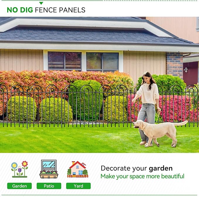 10 Panels Garden Tube Fence with Gate, 36in(H)×21.6ft(L) Tall No Dig Fence Animal Barrier, Heavy Duty Metal Decorative Garden Edging Border, Ground Defense Temporary Fencing for Outdoor Yard, Black