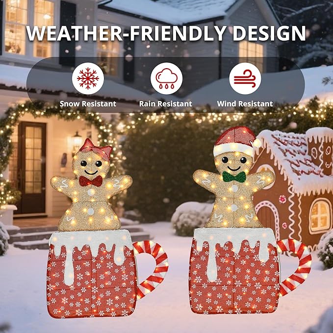 42" H Lighted Gingerbread Outdoor Christmas Decorations, Pre-lit Gingerbread Boy & Girl in Hot Cocoa Mug Ornament, 2D Holiday Decors for Lawn Porch Yards, 160 LEDs, Set of 2