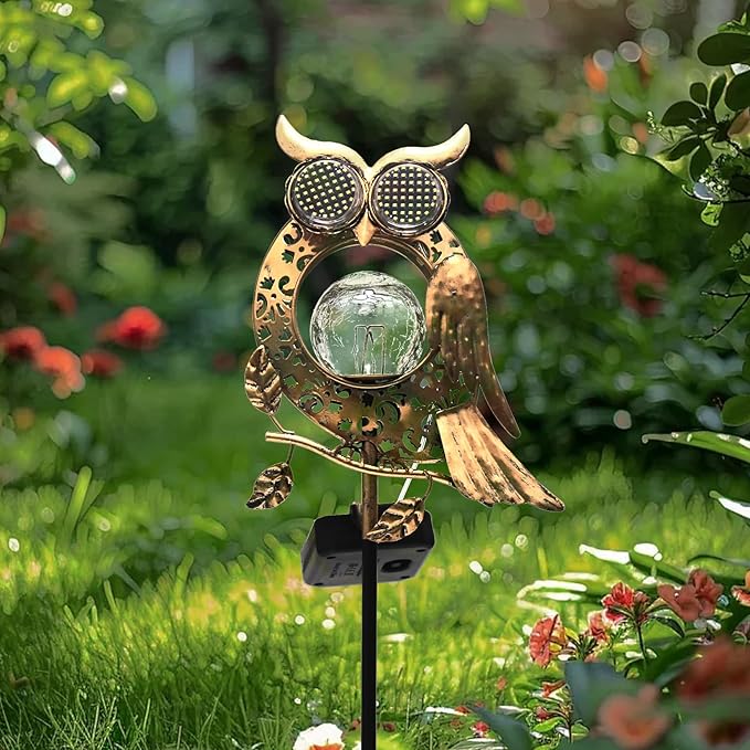 KAIXOXIN LEDs Solar Stake Lights for Garden Metal Warm White, Memorial Gift - Perfect as Remembrance & Sympathy Gifts (Angel-Bronze) (Owl)