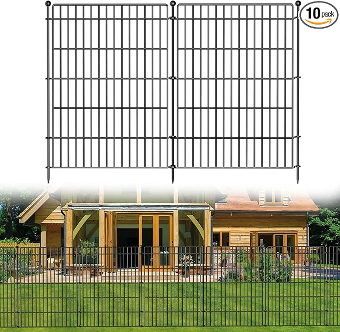 10 Panels No Dig Garden Fence Animal Barrier, 44in(H) × 23.6ft(L) Decorative Metal Outdoor Dog Fence, Rustproof Pet Fencing for Yard, Patio, Flower Bed -Temporary Fencing| Easy to Install