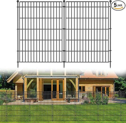 5 Panels No Dig Garden Fence Animal Barrier, 44in(H) × 11.8ft(L) Decorative Metal Outdoor Dog Fence, Rustproof Pet Fencing for Yard, Patio, Flower Bed -Temporary Fencing| Easy to Install