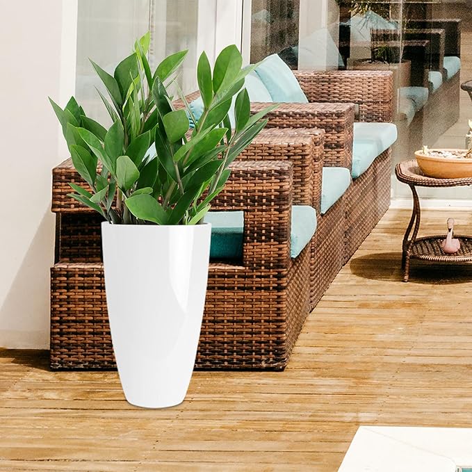RUBBER BOND Plant Pots 2 Pack - Modern Indoor/Outdoor Planters for Home Decor - Weather-Resistant Large Flower Pots - Lightweight 22 Inches Tall Planters - White Glossy Round Pots for Plants
