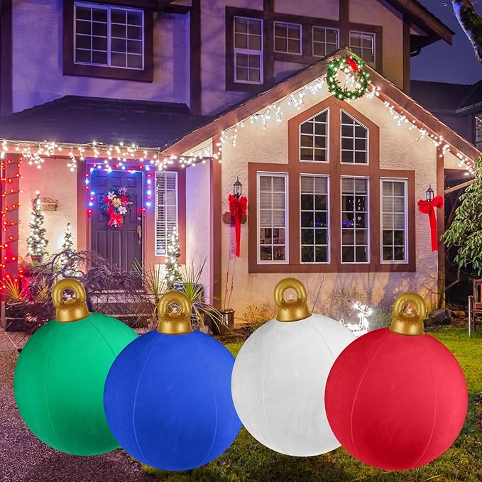 Velvet Inflatable Ornaments Balls Outdoor 4Pcs - 24 Inch Large Inflatable Christmas Ornaments, Reusable Blow Up Christmas Decorations for Yard | Tree | Indoor