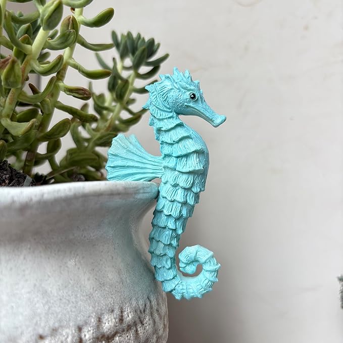 Cute Climbing Seahorse Flower Pot Huggers, Ocean Animal Figurines Plant Decorations for Pots, Resin Flower Pot Decorations, Fairy Garden Accessories, Fish Tank Planter Edge Craft Decor (Seahorse)