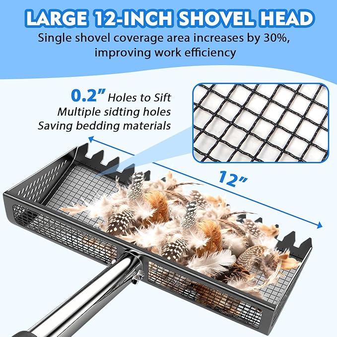 XOTTI 12 Inch Large Chicken Poop Scooper & Rake 2-in-1, Metal Chicken Coop Scoop with 36 to 75" Adjustable Stainless Steel Handle, Durable Sand Litter Sifting Shovel for Farm Animals