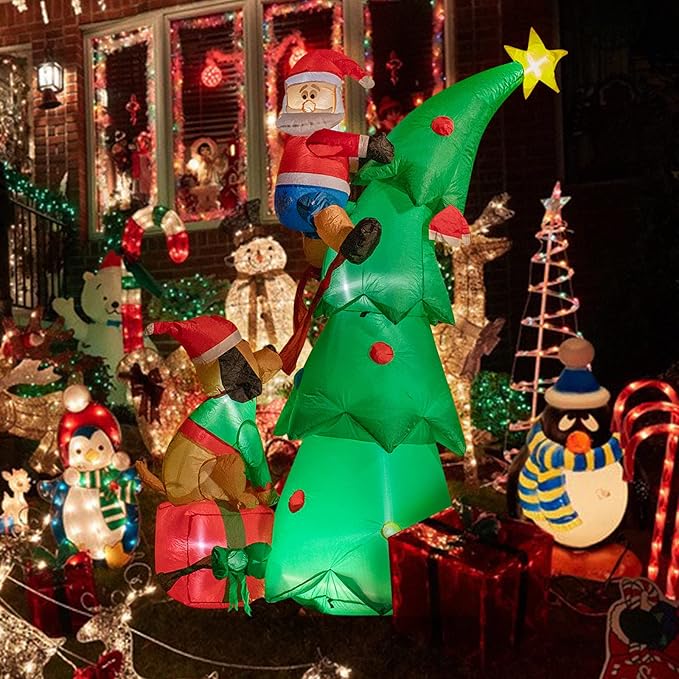 Hioasis 7 FT Christmas Inflatable Decorations - Outdoor Inflatables with Santa Claus Christmas Tree and Dog- Party Decoration for Indoor&Outdoor Courtyards Suitable for Christmas/Party/Yard