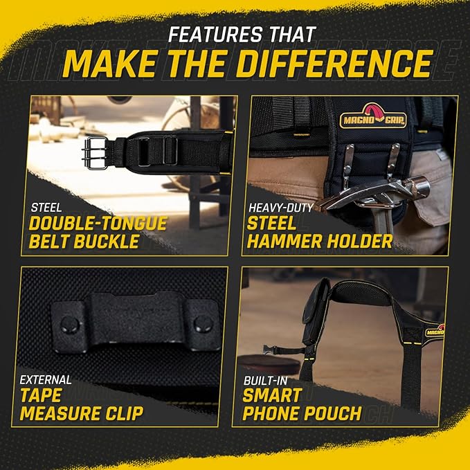 MagnoGrip 20-Pocket Builder’s Tool Rig with Magnetic Storage—Heavy-Duty 1680D Polyester Tool Belt with Padded Suspenders, Rivet Reinforced Stress Points, and Smartphone Holder, Fits Up to 52” Waist.