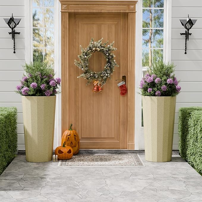 23.6" Tall Planters for Outdoor Plants, Large Outdoor Planters for Porch Decor with Drainage Hole, Wide Stripe Design Flower Pots Fits Indoor Plants Patio/Garden, Plastic Off White (2 Pack)