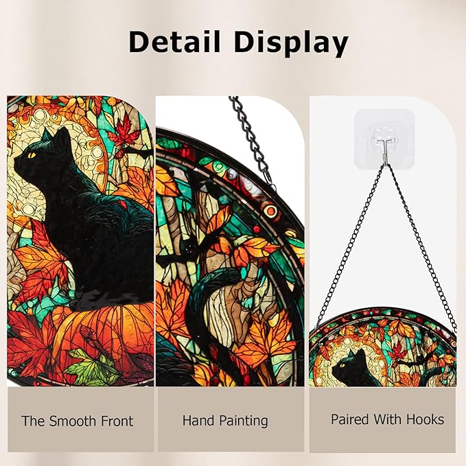 Stained Glass Window Hanging, Halloween Decorations Black Cat Maple Leaf Suncatcher for Doors Garden Indoor Funny Spooky Sun Catchers Gothic Decor for Women, Men, and Mom 8 in
