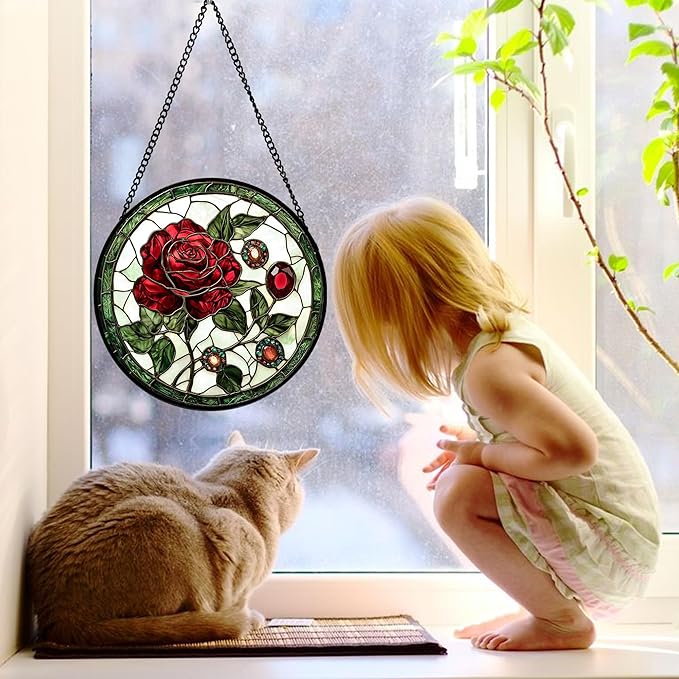 Stained Glass Window Hanging, Red Rose Gemstone Green Sun Catchers Diamond Glass Panel Hangings Suncatcher Decor for Birthday for Women, Men, Wife, Aunt, and Mom 6.3 in