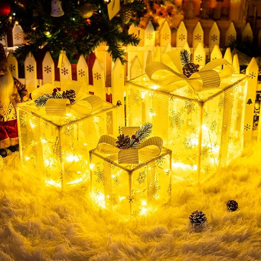 Set of 3 Christmas Lighted Gift Boxes,Outdoor Christmas Decorations,Featuring Snowflake Decorations,Battery Operated Light Up Present Boxes for Christmas Trees Indoor Outdoor Home Yard Lawn Decor