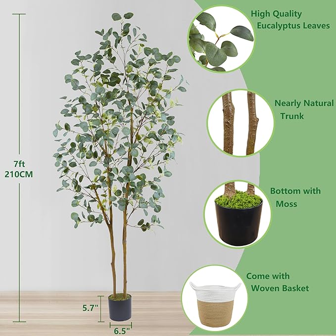 Artificial Eucalyptus Tree, 7ft Tall Silk Leaves Fake Plant with Basket for Outdoor Indoor, 83'' Faux Eucalyptus Trees for Home Office Livingroom Floor Décor