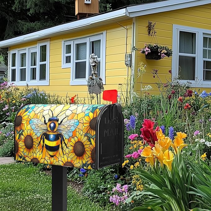 Summer Mailbox Covers Magnetic Standard Size 21x18 in Bee Mailbox Cover Sunflower Decorative Mailboxes for Outside Garden Yard Floral Flower Post Letter Box Cover Wrap