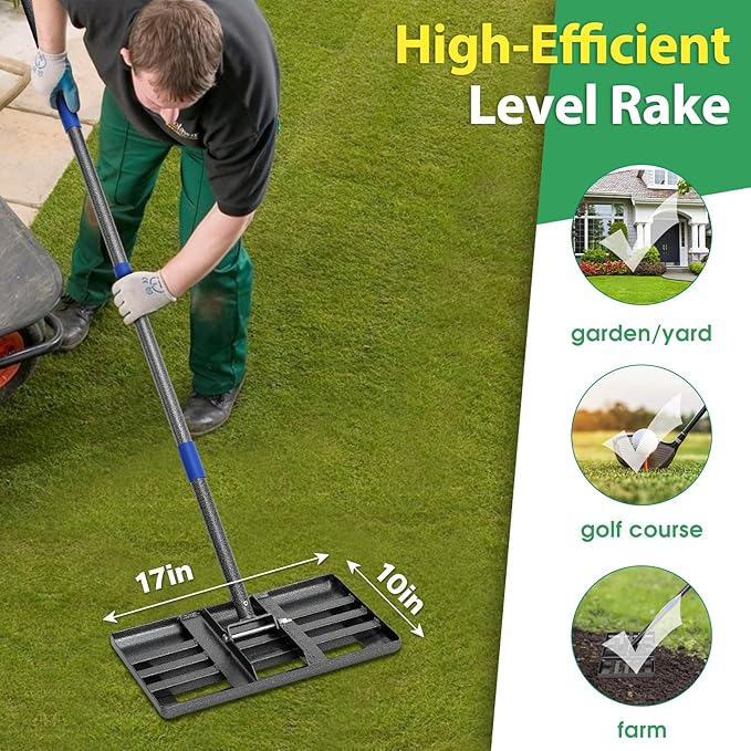 Lawn Leveling Rake, 6 FT Long Lawn Leveler with 17 x 10 Small Rakes Head for Smooth Garss Soil Dirt Sand, High Effect Long Handle Ground Leveling Tool with Round Edge for Yard Garden, No Flip