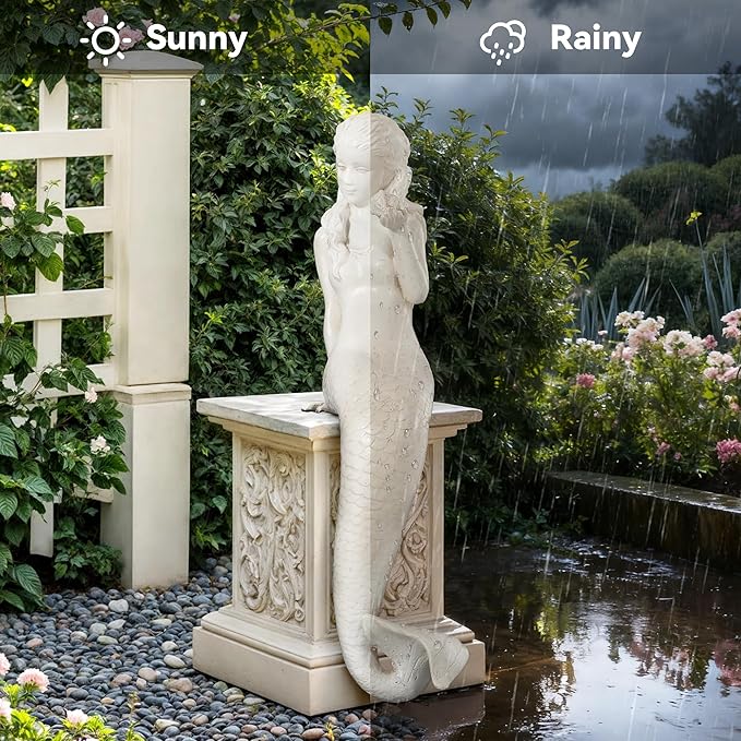 Mermaid Garden Statue, 25.6 Inch Large Outdoor Sculpture Figurines, Pretty Lawn & Patio Decor in Antique White, Made of Durable Magnesium Oxide Stone with Weather-Resistant Finish