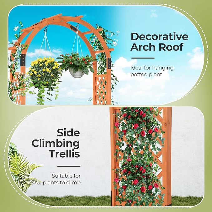 7.7ft Garden Arch, Wooden Wedding Arch with Top & Side Trellis, Garden Arbor Trellis for Climbing Plants Outdoor, Backyard & Lawn