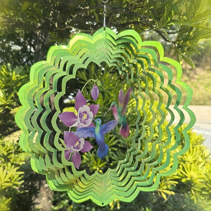 Hummingbird Wind Spinner Outdoor Mental Kinetic Wind Spinner for Garden Décor Hummingbird Gifts for Women/Men Hanging Lawn Ornaments Wind Sculpture with 3D Visual Effect (12''-1pc, Hummingbirds)