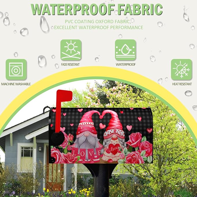 Valentine's Day Gnomes Mailbox Cover - Love Hearts Magnetic Mailbox Covers Red Rose Buffalo Plaid Humor Letter Post Box Wrap Standard Size 18" X 21"