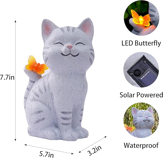 Solar Garden Cat Statue with LED Butterfly Light, Decorative Resin Outdoor Figurine 7.7in, Yard Lawn Ornaments Porch Patio Balcony Home House - Birthday Gifts for Grandma Mom Women