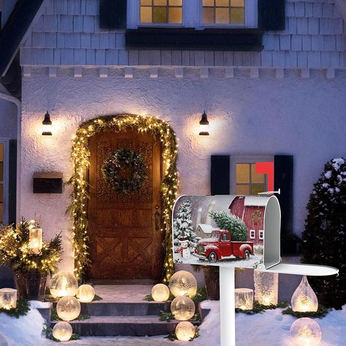 Winter Red Truck Christmas Tree Mailbox Cover, Cute Snowman Magnetic Mailbox Cover, Letter Post Box Cover Wrap Decoration Garden Outdoor 21" Lx 18" W
