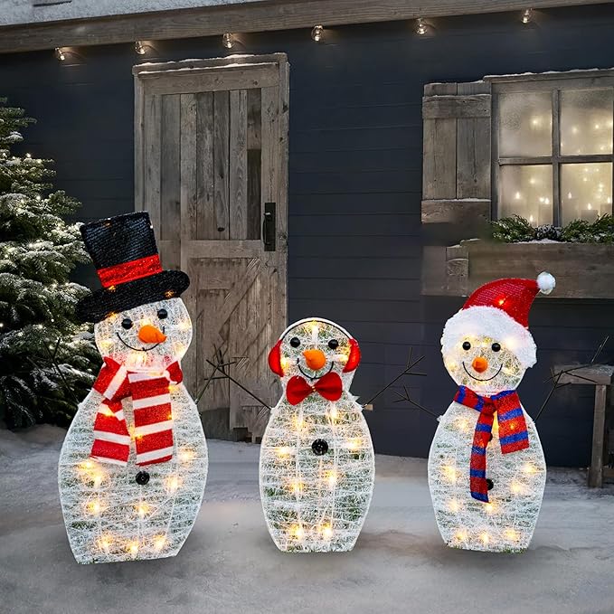 Dazzle Bright Christmas Lighted Snowman Family Outdoor Decoration, 55 L 3-Piece Waterproof Plug in 2D Snowman for Yard Patio Lawn Garden Party Decor 20.5X9X29.5Inch-Large (Warm White)