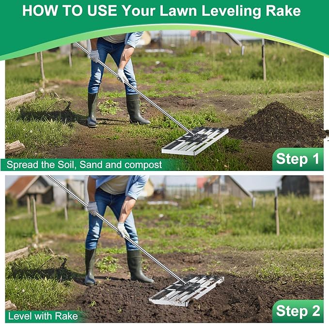 Lawn Leveling Rake, Lawn Leveler Tool with 6.5ft Handle Rakes, 304Stainless Steel Yard Leveling Rake, Heavy Duty Soil Leveling Rakes for Backyard, Garden, Farm, Pasture (35x10inch-6.5FT)