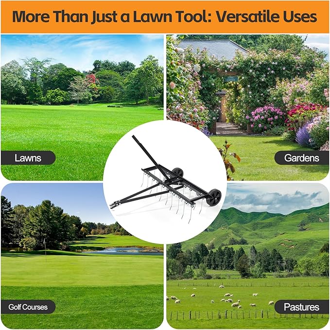 Tow Behind Dethatcher: 40inch Pull Behind Lawn Rake with 20 Spring Steel Tines Heavy Duty Lawn Tractor Attachments for Large Yard Garden Care