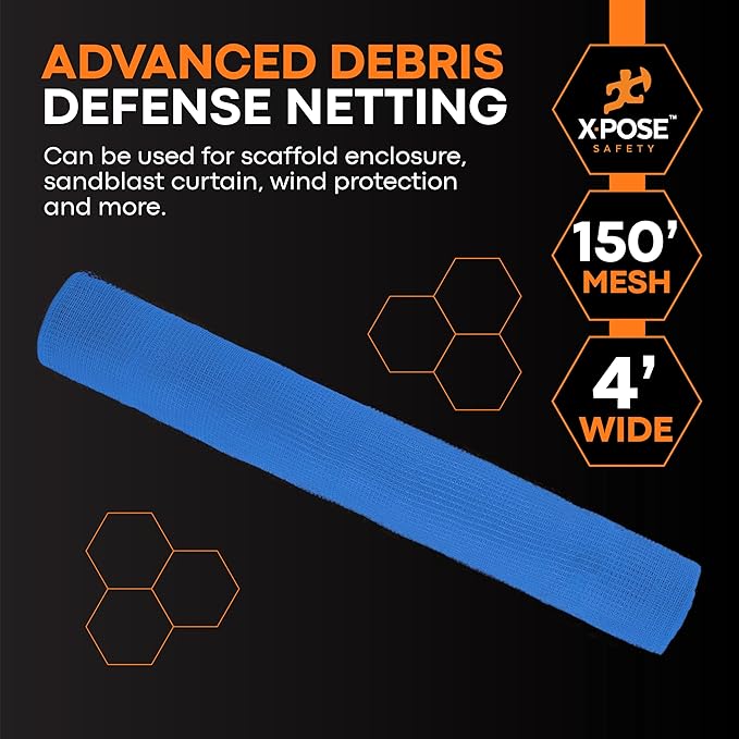Xpose Safety Construction Safety Debris Netting - 150 Ft Temporary Material Roll, 1/4" Mesh Scaffold Net Enclosure, Visibility Barrier, Fencing Roll, Heavy Duty Fire Retardant 4 ft x 150 ft, Blue