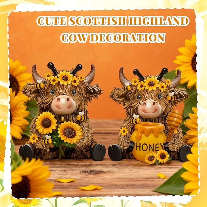 2 Pack Bee Highland Cow Resin Figurine Summer Bee Bathroom Highland Cow Gnomes with Sunflower Starfish Resin Statue for Garden Table Shelf Home Decor Calf Gnome Herd Gifts
