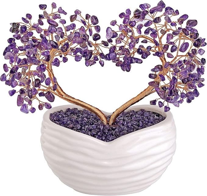 Jovivi Amethyst Crystal Heart Money Tree Healing Gemstone Bonsai Tree for Wedding Ceremony Reiki Balancing Energy Meditation Feng Shui Wealth & Good Luck Home Indoor Office Decor 7.87"-8.26"