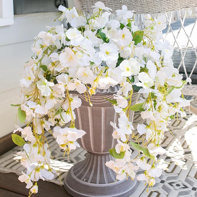 Artificial Hibiscus Fake Hanging Flowers Plants for Outdoor Spring Summer Decoration, 4pcs White Silk Hibiscus Long Trailing Vines UV Resistant Realistic Faux Flower for Outside Front Door Porch Patio