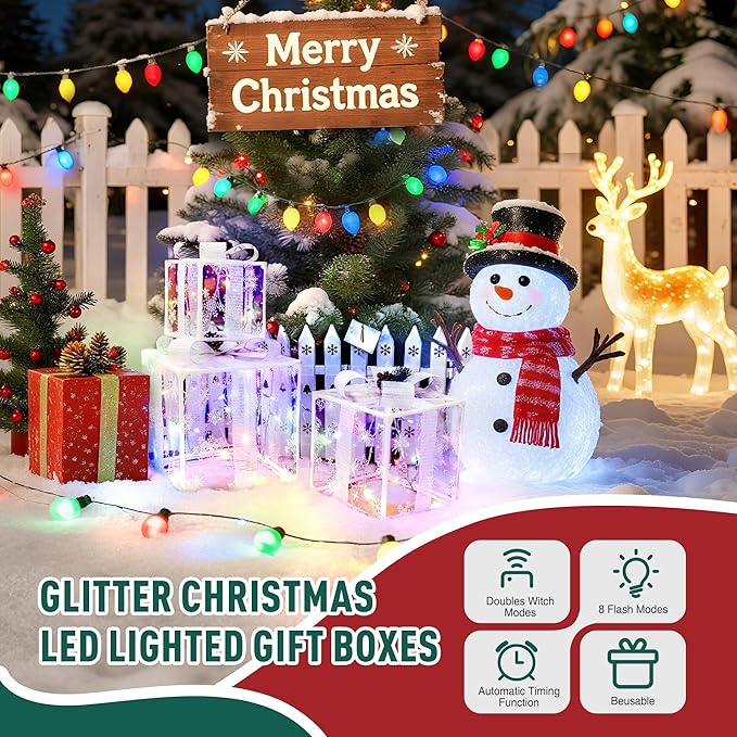 Set of 3 Christmas Lighted Gift Boxes,Outdoor Christmas Decorations,Featuring Snowflake Decorations,Battery Operated Light Up Present Boxes for Christmas Trees Indoor Outdoor Home Yard Lawn Decor