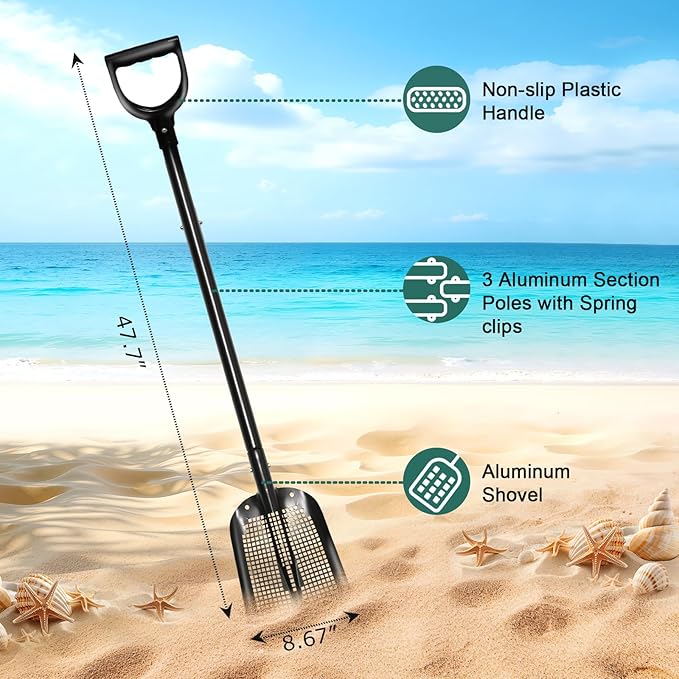 VYNTRA 47.7" Metal Sifting Shovel, Adjustable Sand Sifter for Chicken Coop, Farm Goat Stall & Garden, Beach-Heavy Duty Durable Mesh Screen for Poop Cleaning Durable Sifter Shovel Ergonomic Grip Black