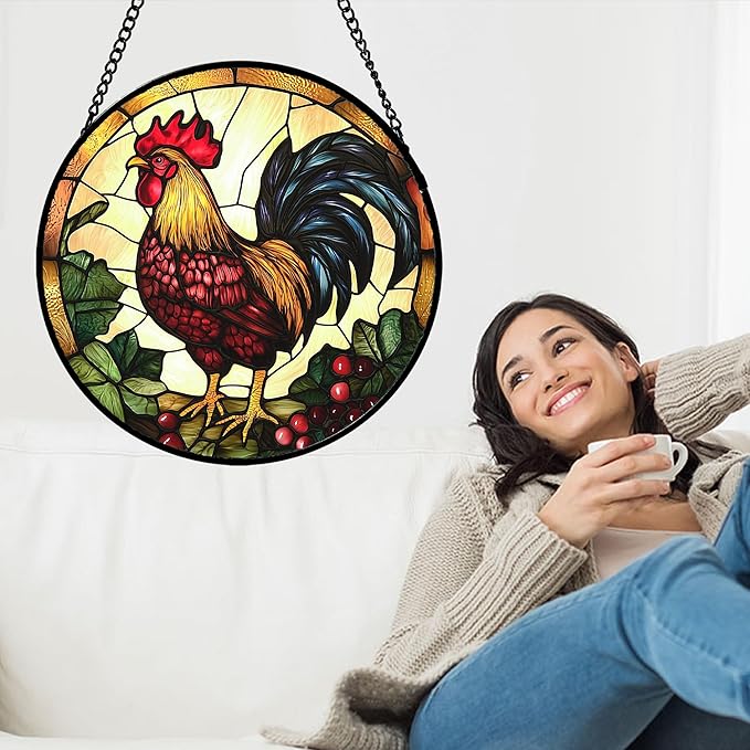 Stained Glass Window Hanging, Colorful Big Cock Sun Catcher for Window Door Home Decor, Chicken Suncatcher Christmas Mother's Day Birthday Gifts for Women Men Mom and Nana 6.3 in