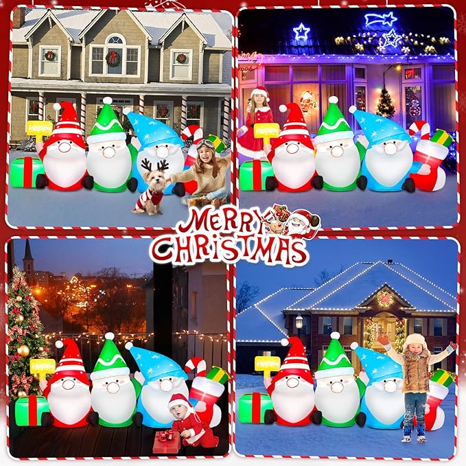 6 FT Long Christmas Inflatable Outdoor Decoration Gnomes with Gift Box & Socks, Funny Merry Xmas Figures Winter Blow Up Yard Decorations Plug in LED Light Up Vacation Outside Front Lawn Garden Decor