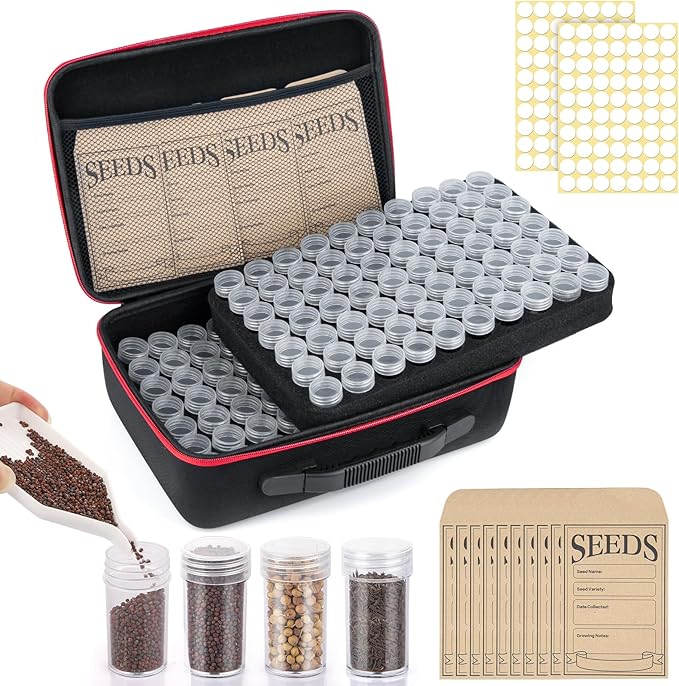 140 Slots Seed Organizer Storage Box with 20PCS Seed Envelopes, Premium Seed Containers for Various Sizes Vegetable and Flower Garden Seeds, Gardening Seed Keeper Set with Useful Accessories (Red)