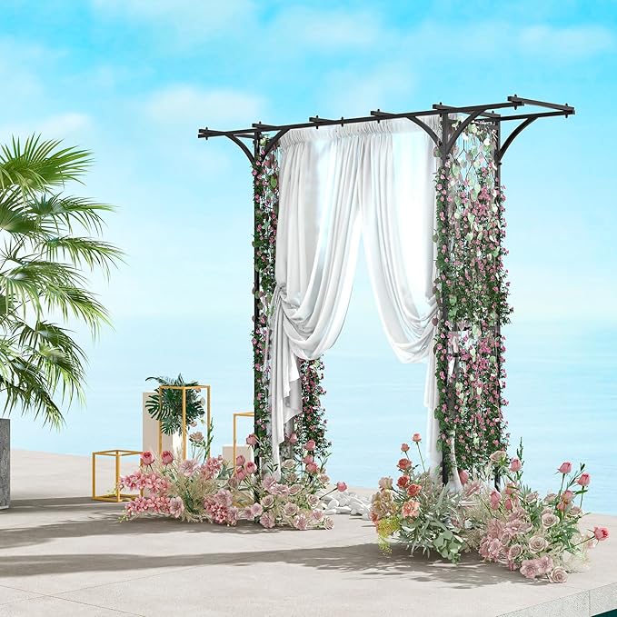 LDAILY Wedding Arch, 6.8FT Rustproof Metal Garden Arbor with Extended Roof & 4 Stakes, Outdoor Plant Support for Vines Roses, Decorative Trellis for Climbing Plants Outdoor for Lawn Wedding Ceremony