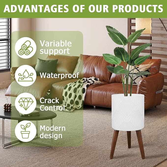 Plant Pot with Stand, Large Planters for Indoor Plants, Modern Standing Round Flower Pots Indoor with Wood Planter Holder, White Maple Leaf Pattern, 2 PCS (10 inch+12 inch)