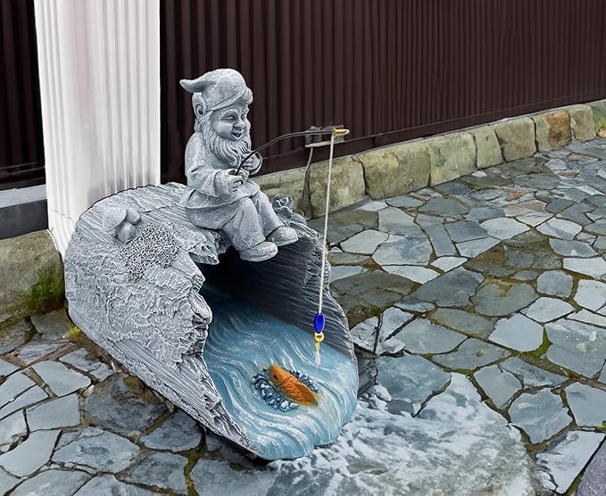 Gnome Fishing 3"x4" Decorative Gutter Extension, Outdoor Decor Sculpture - Garden Statue & Gutter Downspout Splash Block, Whimsical Gutter Diverter Rain, for Garden Collectors