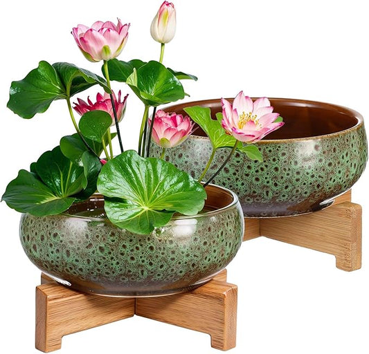 Baderke 2 Pcs Lotus Bowl Planter with Base Ceramic Hydroponic Planter Water Lily Bowl for Planting Aquatic and Indoor Plants Household Ceramic Basin Decor (Green)