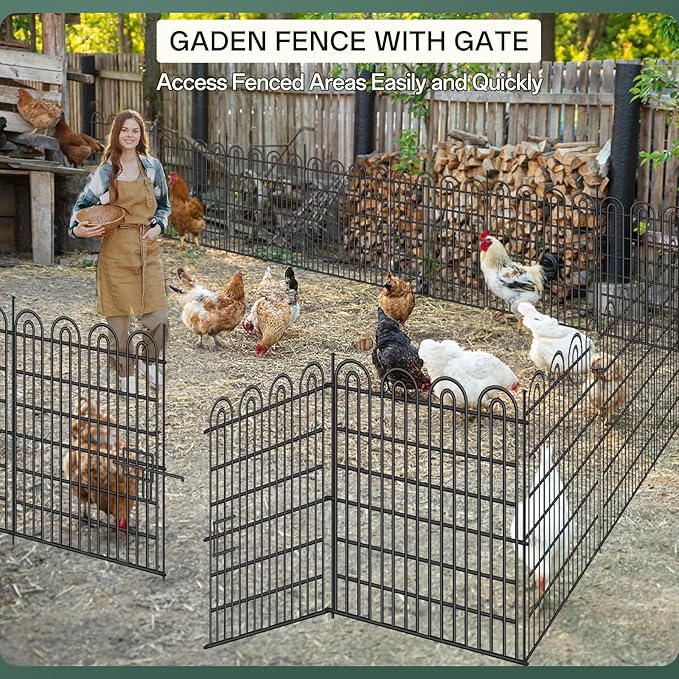 10 Panels Tall Garden Animal Barrier Fence with Gate, 42 in(H) X 24.5 ft(L) No Dig Decorative Garden Fence Outdoor for Yard, Heavy Duty Rustproof Metal Edging Border for Dog, Rabbits
