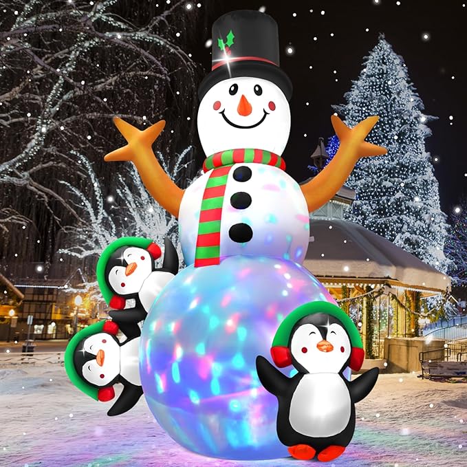 6.3 FT Christmas Inflatable Snowman Outdoor Decoration with Build-in Multicolor LEDs, Snowman with 3 Penguins Blow Up Inflatables Christmas for Yard Garden Lawn Xmas Holiday Decor