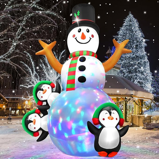 6.3 FT Christmas Inflatable Snowman Outdoor Decoration with Build-in Multicolor LEDs, Snowman with 3 Penguins Blow Up Inflatables Christmas for Yard Garden Lawn Xmas Holiday Decor
