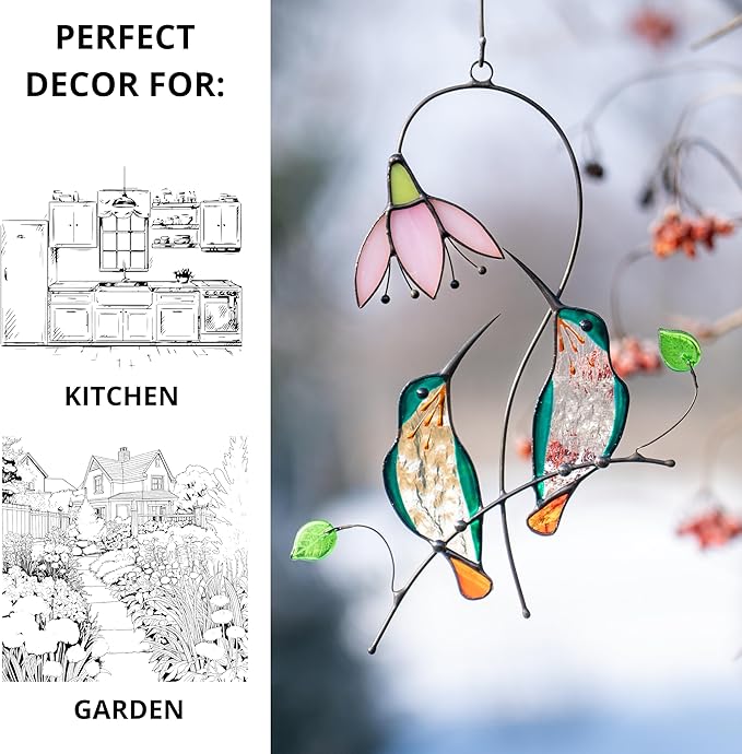 Hummingbird Cardinal Birds Stained Glass Suncatcher Genuine Stained Glass Window Hangings Unique Indoor Ornament & Outdoor Decor (Two Hummingbirds)