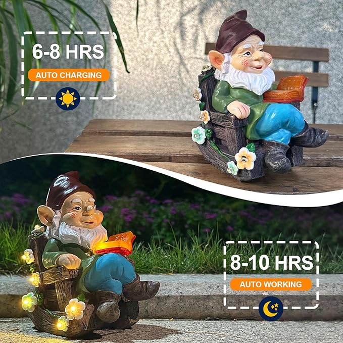 Solar Garden Gnome Statues Outdoor, Fairy Christmas Rocking Chair Gnomes Reading Book Succulents Figurines Lights Yard Art Sculpture Home Decor for Outside Patio Balcony Lawn, Unique Loved One Gifts