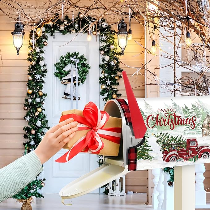 Blosssound Merry Christmas Magnetic Mailbox Cover Xmas Red Truck Mailbox Covers Decor Snowflakes Red Plaid Print Christmas Post Box Standard Size 21 X18 Inch Garden Yard Outdoor Decoration