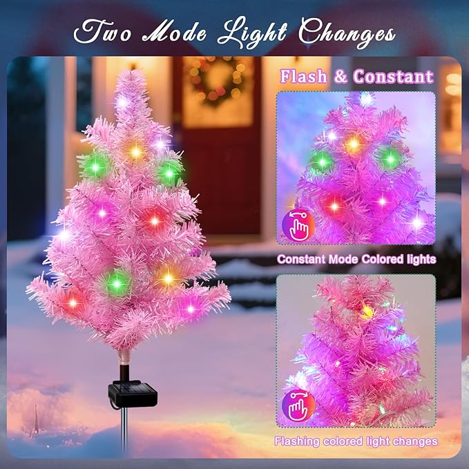 Solar Christmas Tree Outdoor Decor, Waterproof Solar Xmas Decorations Garden Stake Lights, Multi-Color LED Christmas Décor for Outside Landscape Pathway Porch Yard Holiday (4 Pcs Pink)
