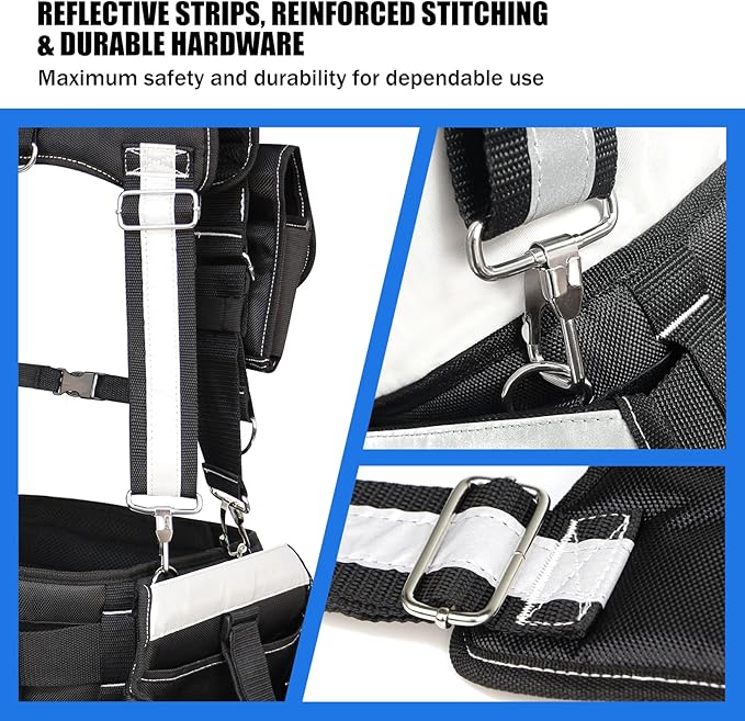 Tool Belt with Suspenders for Men, Heavy Duty Construction Tool Belt with 32 Pockets, 1680D Material, Reflective Strips for Safety, HVAC Toolbelt for Men